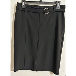 Women's Black Solid Pencil Skirt, Knee Length, Buckle Accent, Front Slit